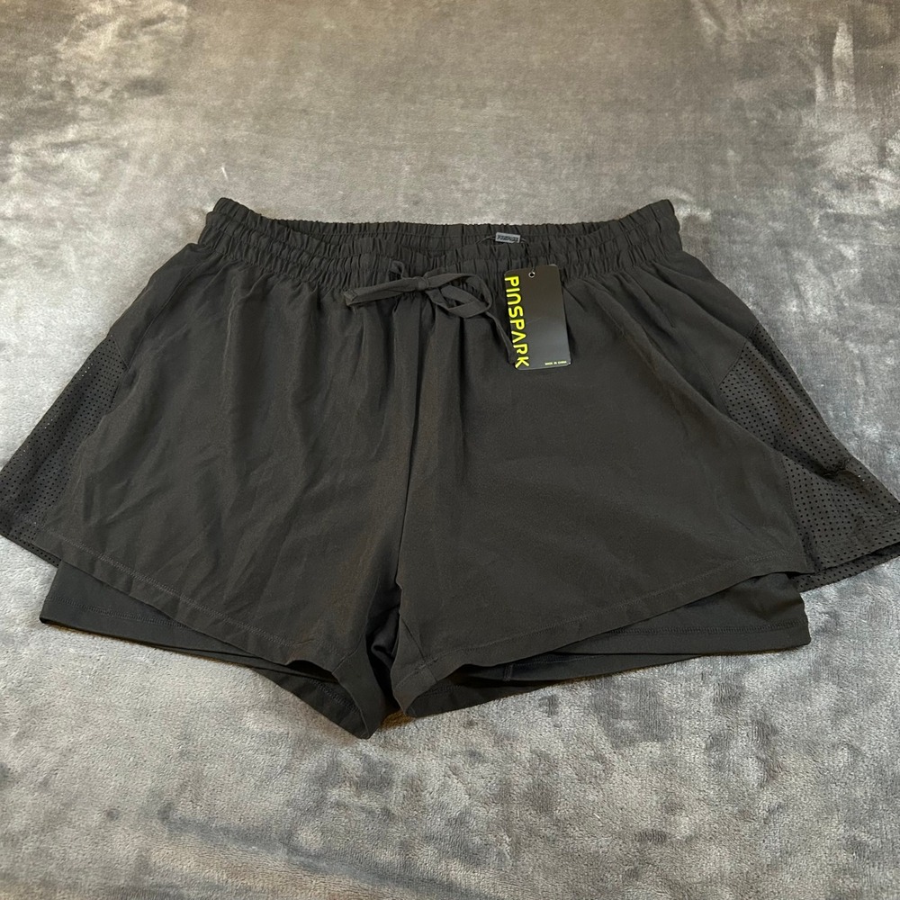 PinsPark Women's XXL Black Athletic Running Shorts Mesh Layer Elastic Waist
